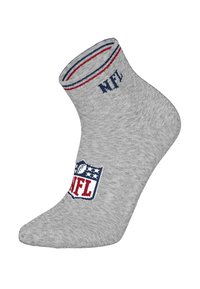 Gray ankle sock featuring blue and red stripes at the cuff. Displays the NFL logo in blue, red, and white on the side. Soft texture.