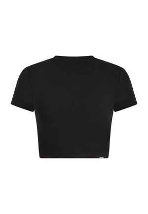 T-shirt nera cropped realizzata in cotone morbido, con scollo rotondo e maniche corte. Nessun motivo o dettaglio visibile.