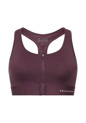 Bordeaux sportbh med dragkedja fram och breda axelband. Tillverkad av elastiskt material, har racerback-design och minimalistisk logotypdetalj.