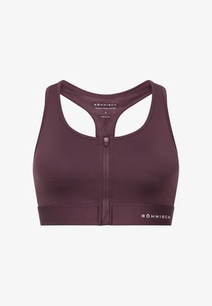 Bordeaux sportbh med dragkedja fram och breda axelband. Tillverkad av elastiskt material, har racerback-design och minimalistisk logotypdetalj.