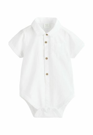 White short-sleeve baby bodysuit with a collared neck, five brown button front closure, and a small chest pocket. Soft fabric texture.