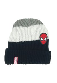 Czapka dzianinowa z trzema kolorami: szarym, białym i czarnym. Posiada naszywkę z logo Spider-Mana oraz akcent w postaci czerwonej metki "Marvel".