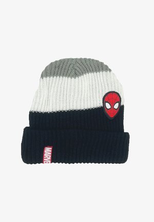 Knitted beanie hat with a three-color design: gray, white, and black. Features a Spider-Man logo patch and a red "Marvel" label accent.