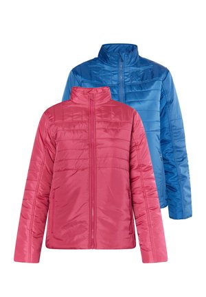 Deux vestes matelassées légères avec col montant, une rose à l'avant et une bleue à l'arrière, toutes deux avec zipper devant et poches latérales.