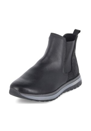 Bottine noire avec panneaux latéraux élastiques, zone de talon texturée, languette de tirage et semelle en caoutchouc épaisse bordée de gris.