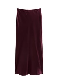 Gonna midi in raso bordeaux con una texture liscia, vita elasticizzata e forma a A, caratterizzata da un colore uniforme senza motivi o dettagli.
