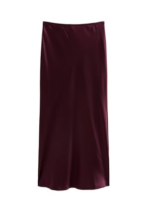 Gonna midi in raso bordeaux con una texture liscia, vita elasticizzata e forma a A, caratterizzata da un colore uniforme senza motivi o dettagli.