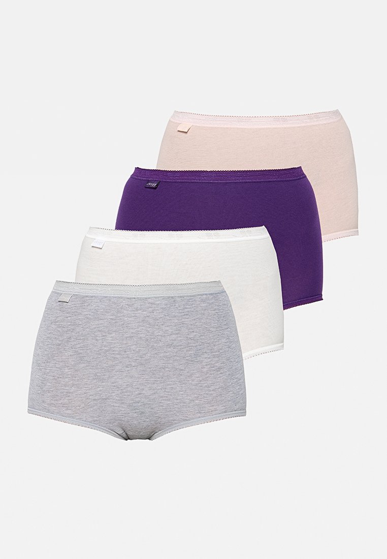 Quatre paires de shorts en coton pour femmes : gris, blanc, rose clair et violet. Couleurs unies, texture douce, ceintures élastiques et design taille intermédiaire.
