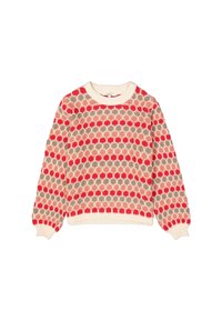 Pull en tricot avec un motif en nid d'abeille rouge, rose et beige, doté d'un col rond et de poignets côtelés crème. Texture douce et coupe décontractée.