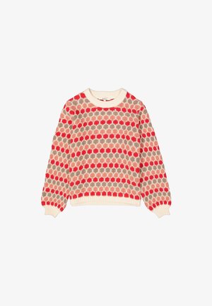 Pull en tricot avec un motif en nid d'abeille rouge, rose et beige, doté d'un col rond et de poignets côtelés crème. Texture douce et coupe décontractée.