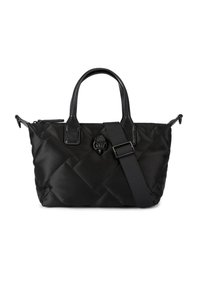 Borsa a tracolla nera trapuntata con doppio manico superiore, tracolla removibile e un accento del logo testurizzato. Realizzata in materiale nylon liscio.