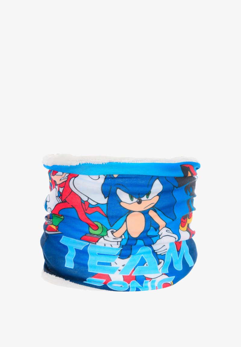 Tour de cou multifonctionnel bleu avec des personnages de Sonic le Hérisson imprimés. Doublure intérieure douce, tissu élastique, avec le texte "ÉQUIPE SONIC".