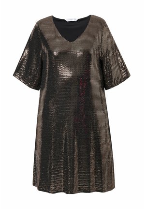 Paillettenjurk met een zwarte basis, voorzien van een V-hals en korte mouwen. Glanzende gouden en zilveren pailletten bedekken de voorkant voor een gestructureerde uitstraling.