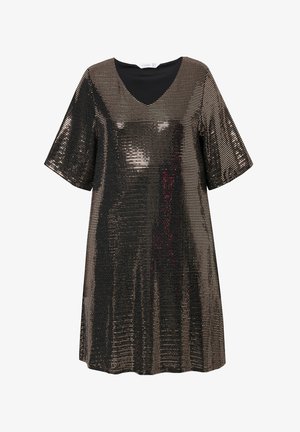 Sukienka z cekinami na czarnym tle, z dekoltem w kształcie litery V i krótkimi rękawami. Lśniące złote i srebrne cekiny pokrywają przód, nadając mu teksturalny wygląd.