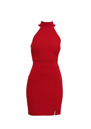 Rotes Jerseykleid mit Halterneck, das eine enganliegende Silhouette hat und mit einem hohen Kragen sowie einem seitlichen Schlitz ausgestattet ist. Hergestellt aus elastischem Stoff für einen bequemen Sitz.