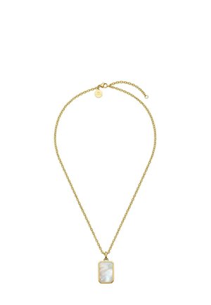 Goldene Halskette mit einem rechteckigen Perlmuttanhänger und einem verstellbaren Verschluss mit einem kleinen runden Anhänger in der Nähe des Verschlusses.