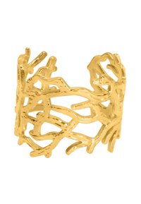 Bague en métal doré avec un design complexe en forme de branche organique, présentant des motifs ajourés et des surfaces texturées.