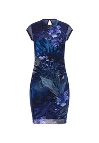 Robe ajustée à manches courtes en bleu foncé avec un imprimé floral aux nuances de bleu clair et violet ; détail dos avec ouverture en trou de serrure et ourlet festonné.