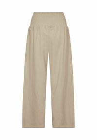 Pantaloni beige a gamba larga con cintura arricciata. Realizzati in un tessuto leggero, presentano una vestibilità rilassata e una texture liscia.