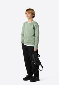 Zelená mikina s rebrovanými manžetami a lemom, vrstvená cez biele tričko. Čierne nohavice a topánky, držiaci čiernu kabelku cez rameno, na jednoduchom pozadí.