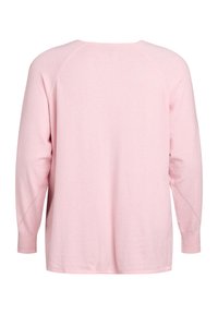 Svetlo ružový sveter s dlhými rukávmi, voľného strihu, s jemnou textúrou, okrúhlym výstrihom a raglánovými rukávmi. Švy zdobené na ramenách.