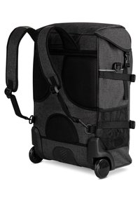 Rucksack mit Rollen aus dunkelgrauem Stoff, ausgestattet mit Netzfächern, verstellbaren Trägern und doppelten Rollen für eine einfache Mobilität. Strukturiertes Finish und robustes Design.