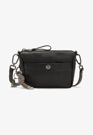 Kompaktowa czarna skórzana torba na ramię z przednią kieszenią na zatrzask, zamkiem błyskawicznym, regulowanym paskiem oraz czarno-białym sznurowanym dodatkiem.