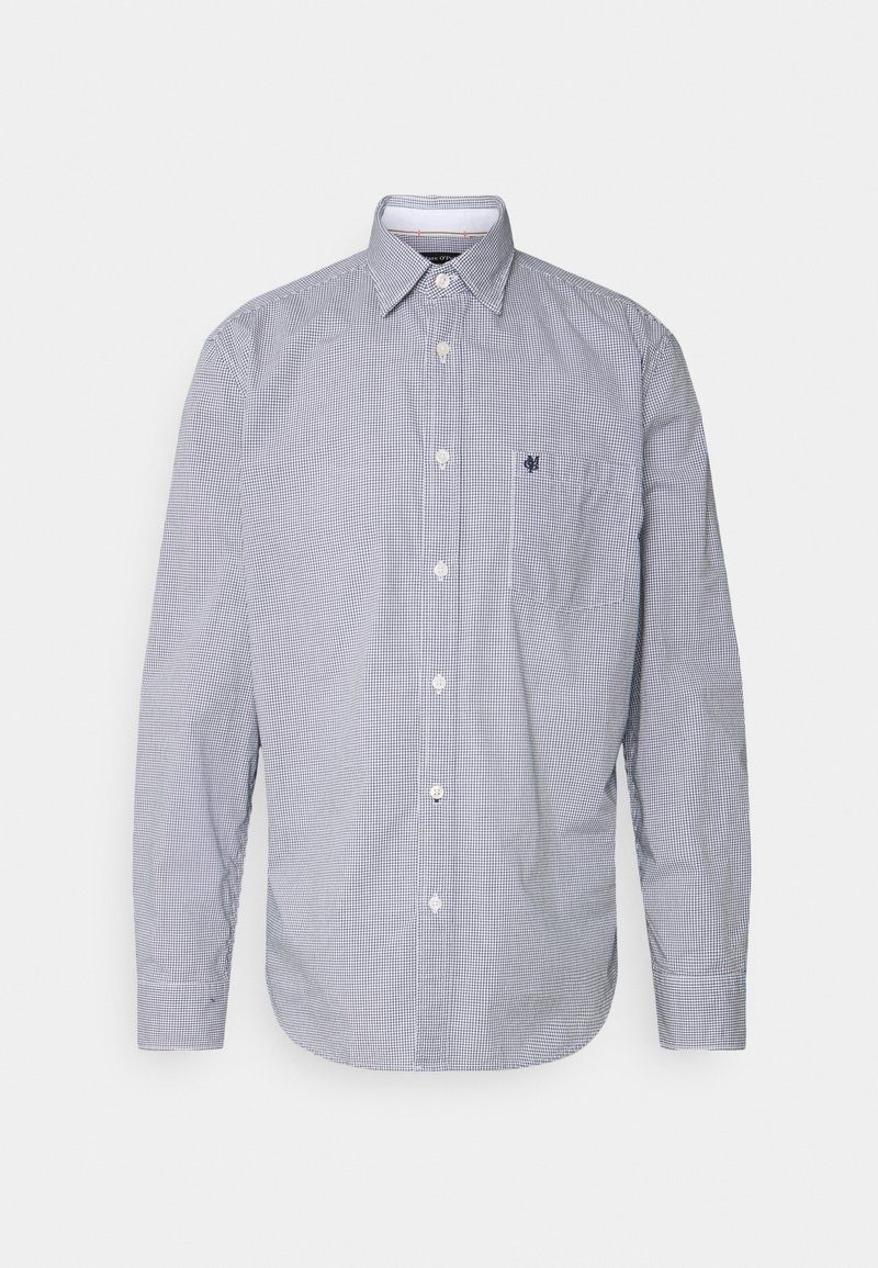 Chemise homme à manches longues boutonnée avec petit motif à carreaux, col pointu, poche poitrine et logo brodé sur la poche.
