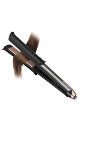 Glätteisen mit einem schlanken schwarzen Gehäuse und roségoldenen Akzenten. Verfügt über abgerundete Kanten, glatte Platten, einen strukturierten Griff und ein Netzkabel.