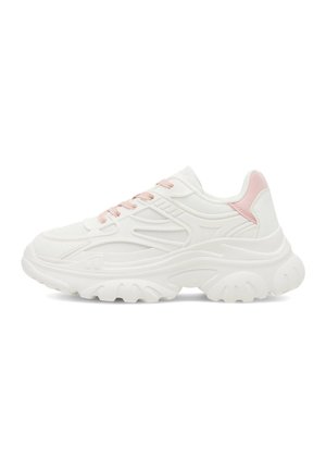 Witte sportschoenen met roze accenten, gestructureerde stof en stevige zolen. Voorzien van opvallende ribbels en veters voor een stevige pasvorm.