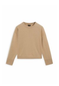 Pull beige à manches longues et col rond, poignets et ourlet côtelés, design simple et minimaliste, posé à plat sur fond blanc.