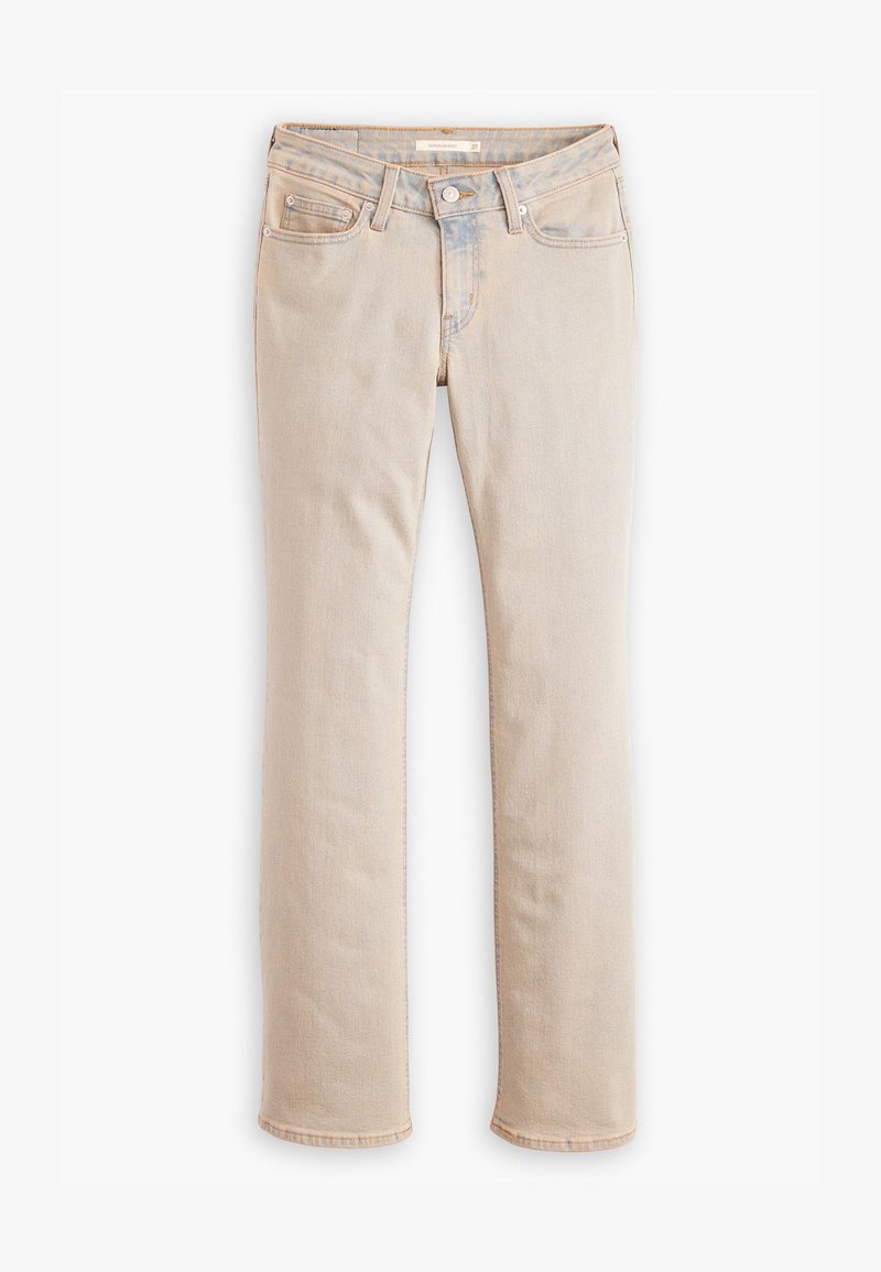 Beige gerade geschnittene Jeans aus Baumwoll-Denim. Verfügt über fünf Taschen, einen Reißverschluss und leichte Auswaschungen an der Vorderseite und dem Bund.