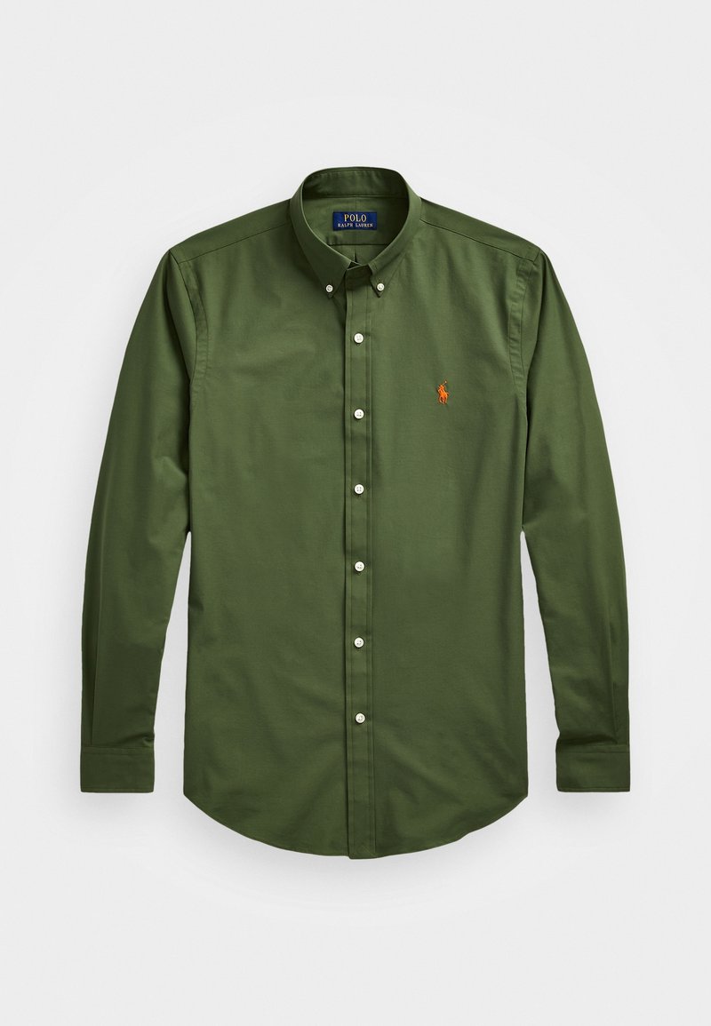Green cotton button-up shirt with long sleeves, white buttons, and a small orange logo on the left chest. Classic collar design.