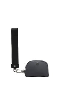 Small gray zip pouch with silver logo attached to a black wrist strap with a metal clasp on white background.