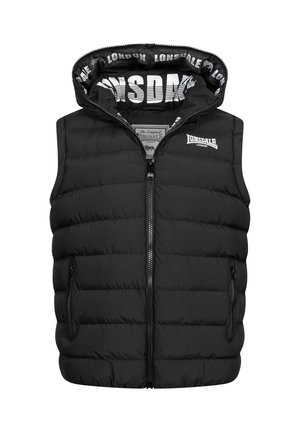 Giubbotto smanicato nero con chiusura a zip e cappuccio. Presenta una texture trapuntata e tasche laterali. L'interno è foderato con un motivo a logo.