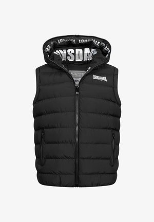 Czarna kamizelka puchowa z zapięciem na zamek z przodu i kapturem. Posiada pikowaną teksturę oraz boczne kieszenie. Wnętrze ma podszewkę z wzorem logo.