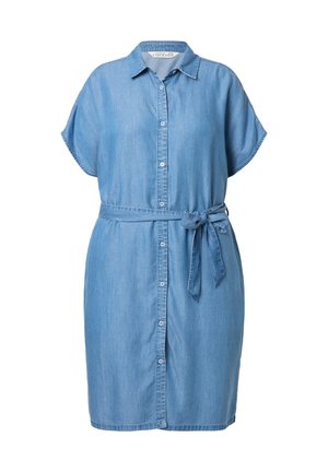 Lyseblå denim skjortekjole med korte ærmer, knaplukning foran og en bundet taljehæmmer. Har en krave og sideskår i kanten.