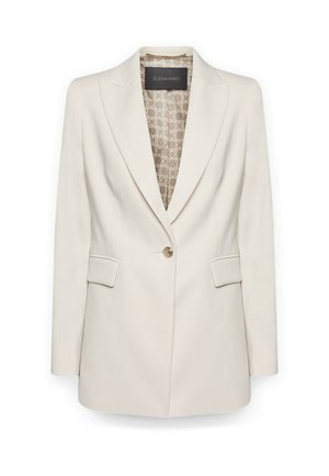 Blazer monocromo crema con un bottone, rever a forma di notches, tasche a patta e foderato interno decorato visibile al colletto.