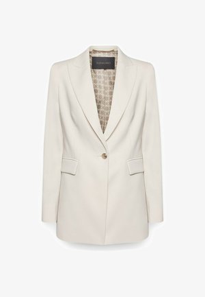 Crème-kleurige blazer met één knoop, met notch revers, klepzakken en een gestikte binnenvoering die zichtbaar is bij de kraag.