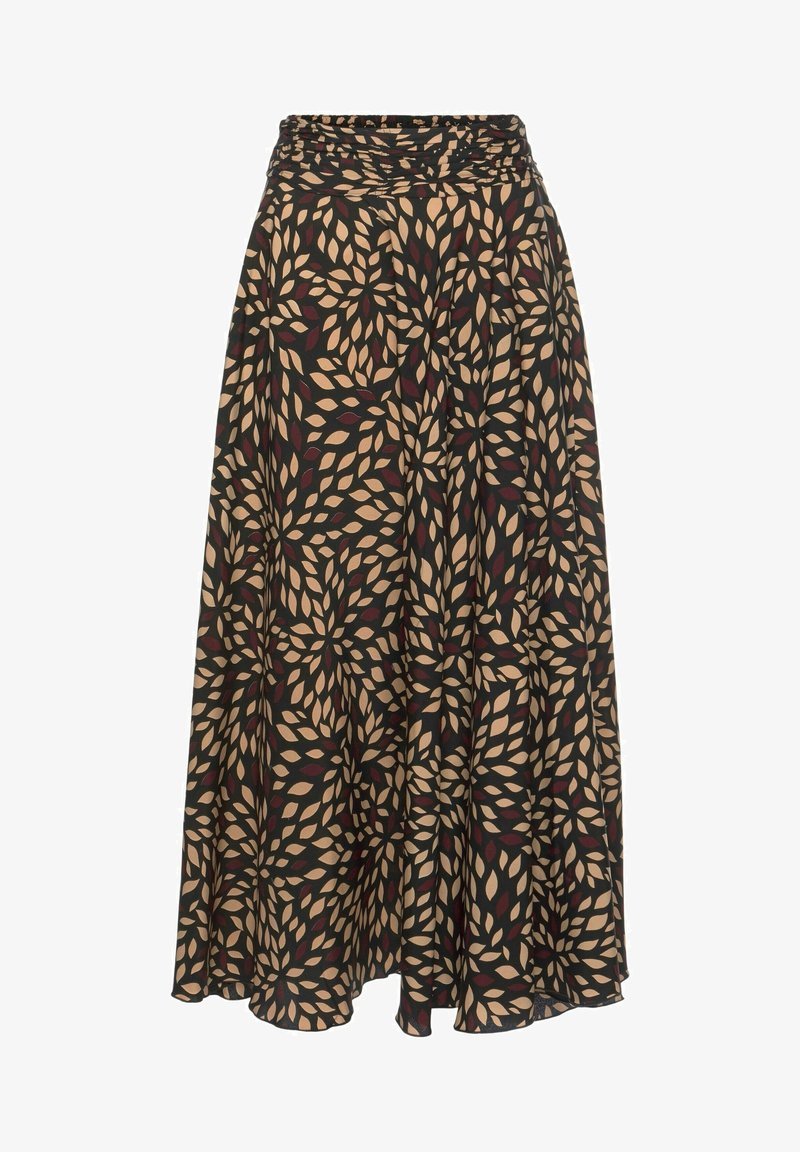 Maxi skirt with a black background featuring a floral pattern of beige and burgundy leaves, elastic waist for comfortable fit.