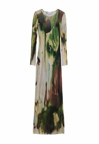 Langes, fließendes Kleid aus leichtem, durchsichtigem Stoff mit einem grünen und braunen abstrakten Muster, langen Ärmeln und einem rundem Ausschnitt.