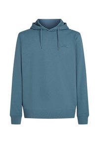 Hoodie iš minkštos, tekstūruotos mėlynos medvilnės. Yra raišteliai, priekinė kišenė ir mažas logotipas ant krūtinės.