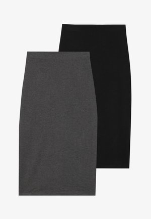 Two pencil skirts, one black and one dark gray, made of smooth fabric. Both feature a stretchy waistband and fitted design.