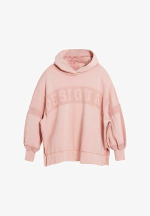 Pink oversized hoodie made of cotton, featuring a stitched "DESIGUAL" logo, drop shoulders, and side slits for comfort.