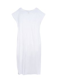 Biała sukienka z krótkim rękawem, wykonana z lekkiego materiału. Luźny krój z okrągłym dekoltem i gładką fakturą, sięgająca do połowy łydki.