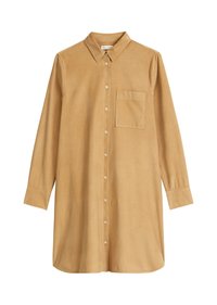 Camelbruine corduroy jurk met lange mouwen, frontknopen, borstzak en puntige kraag.