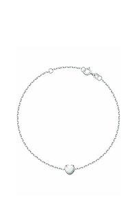 Silver chain bracelet featuring a small heart charm at the center, with links of uniform size and a secure lobster clasp.