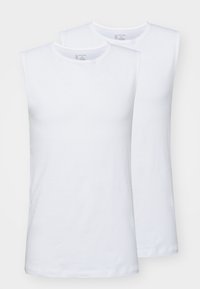 Two white sleeveless t-shirts made of soft cotton. Features a round neckline and a smooth texture; both shirts have a simple design.