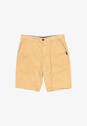 Beżowe szorty wykonane z bawełny o gładkiej fakturze. Posiadają zapięcie na guzik, boczne kieszenie oraz małą naszywkę z logo po lewej stronie.