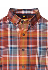 Karierter Hemd mit orange, blau und gelben Farbtönen, mit einem Button-Down-Kragen, Frontknöpfen und einer Brusttasche. Strukturiertes Baumwollgewebe.